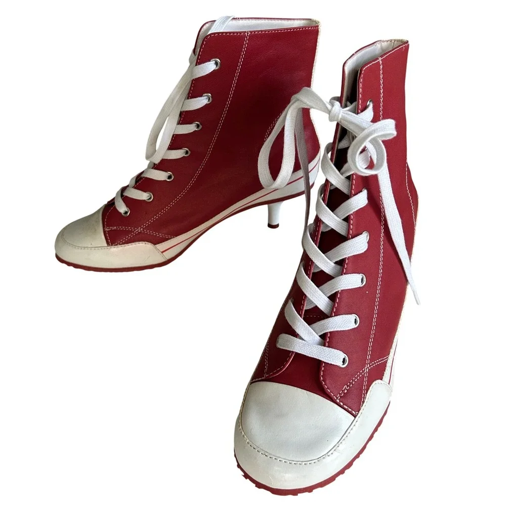 Y2K Steve Madden Kitten Heel High tops size 8.5 Red Leather Boots Streetwear - Picture 4 of 13